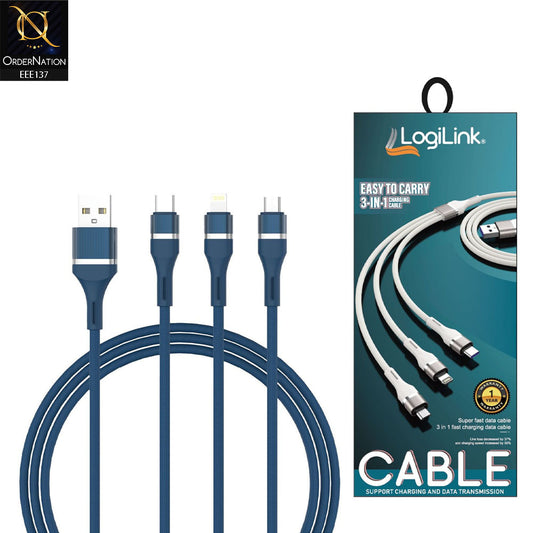 LogiLink 3In1 USB To Micro/Type C/iPhone Nylon Fast Charging 6A Data Cable - Blue