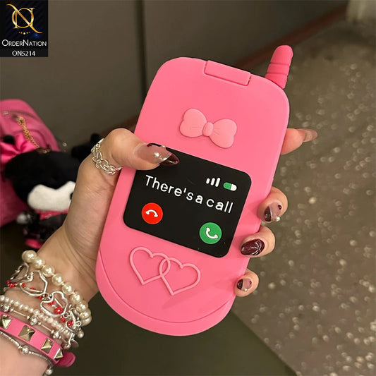 iPhone 15 Pro Cover - Pink - Cute 3D Kawaii Retro Flip Phone Style Soft Silicone Case With View Mirror