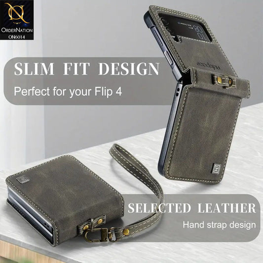 Samsung Galaxy Z Flip 4 5G Cover - Brown - Autspace Retro Leather Advance Shockproof Flip Walet Case With Wrist Strap
