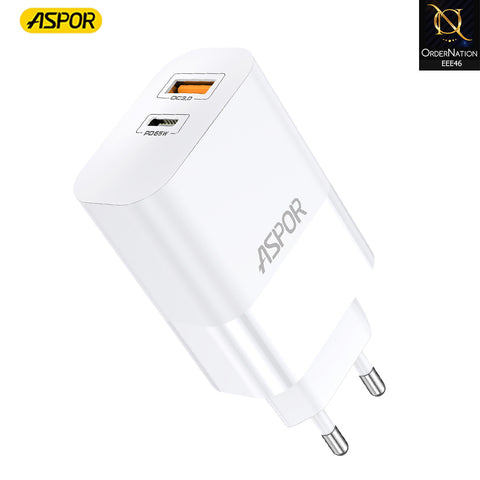 Aspor A851 EU Charger Adapter 65W Qc3.0 Wall Multi Port USB - White