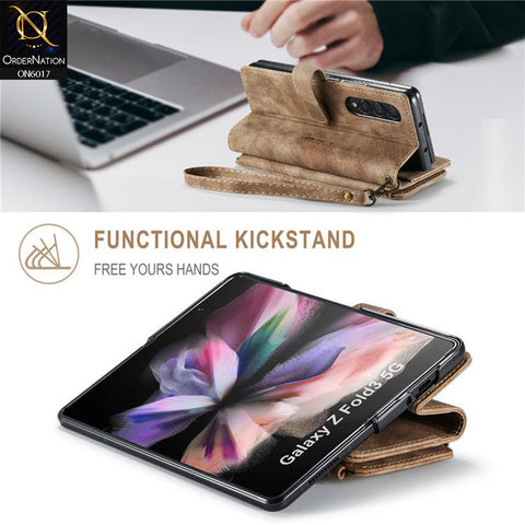 Samsung Galaxy Z Fold 4 5G Cover - Coffee - CaseMe Premium Leather Zipper Wallet kickstand Case with Wrist Strap