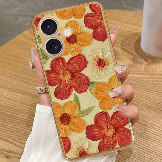 iPhone 16 - Floral Series - Design 6 - Red & Orange - HQ Premium Shine Durable Golden Electroplate Case