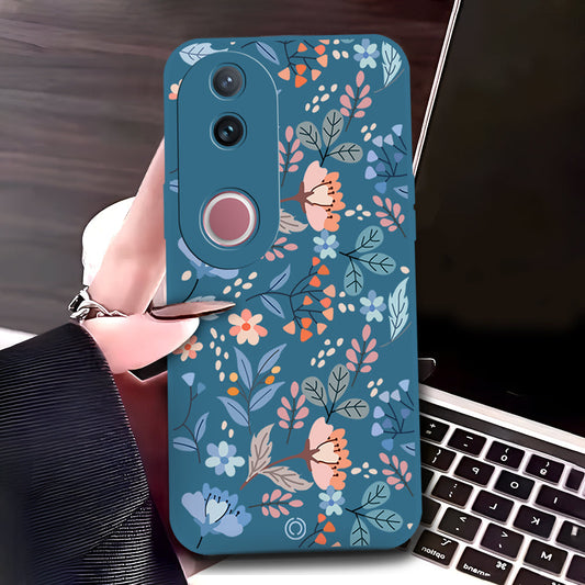 Vivo V50 Cover - Blue - D1 - ONation Floral Series - HQ Liquid Silicone Soft Case