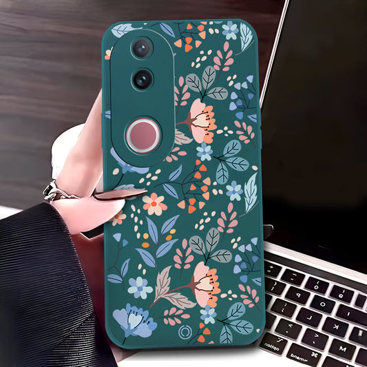Vivo V50 Cover - Dark Green - D1 - ONation Floral Series - HQ Liquid Silicone Soft Case