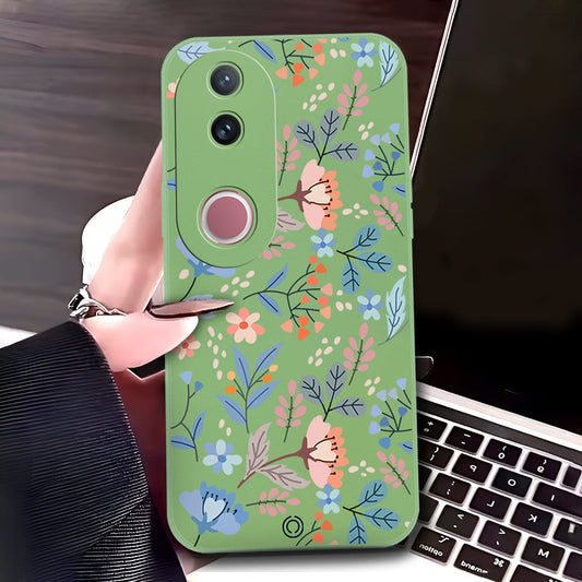 Vivo V50 Cover - Light Green - D1 - ONation Floral Series - HQ Liquid Silicone Soft Case