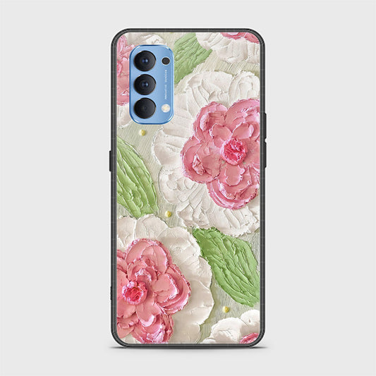 Oppo Reno 4 Cover - Floral Series - Design 13 - Offwhite & Green - HQ Ultra Shine Premium Infinity Glass Soft Silicon Borders Case