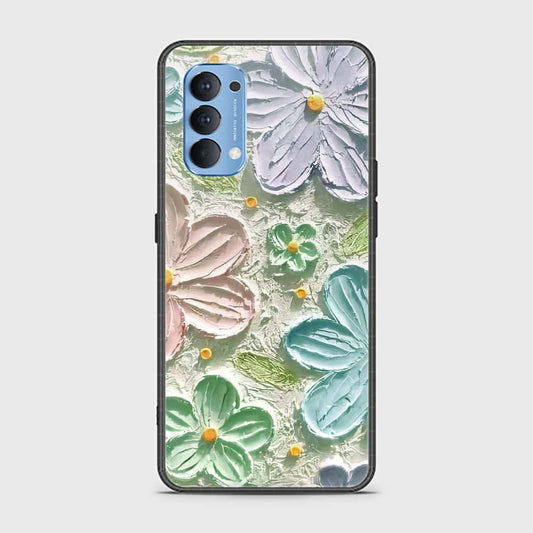 Oppo Reno 4 Cover - Floral Series - Design 15 - Blue & Green - HQ Ultra Shine Premium Infinity Glass Soft Silicon Borders Case