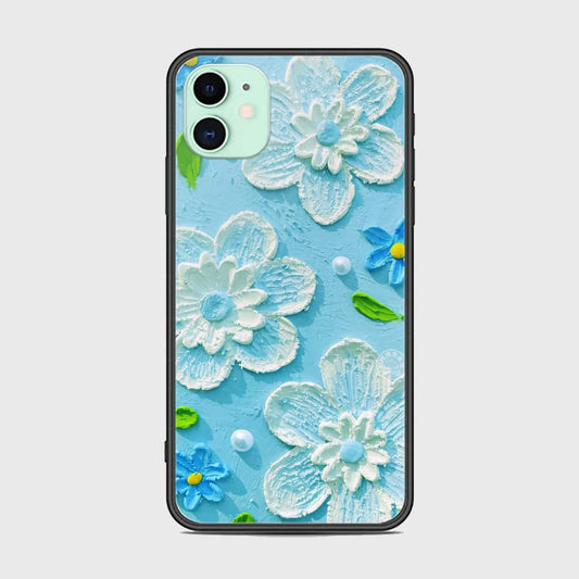 iPhone 11 Cover - Floral Series - Design 3 - Sky Blue - HQ Ultra Shine Premium Infinity Glass Soft Silicon Borders Case