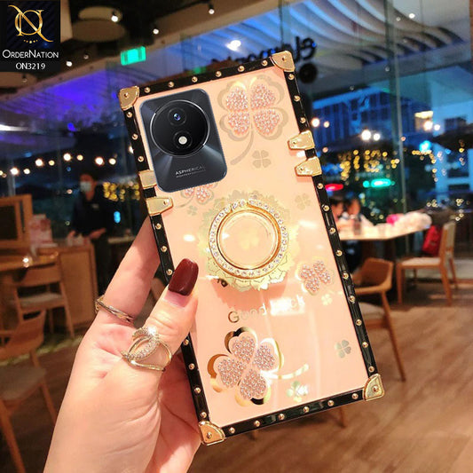 Vivo Y02t Cover - Golden  - Square Bling Diamond Glitter Soft TPU Trunk Case with Ring Holder