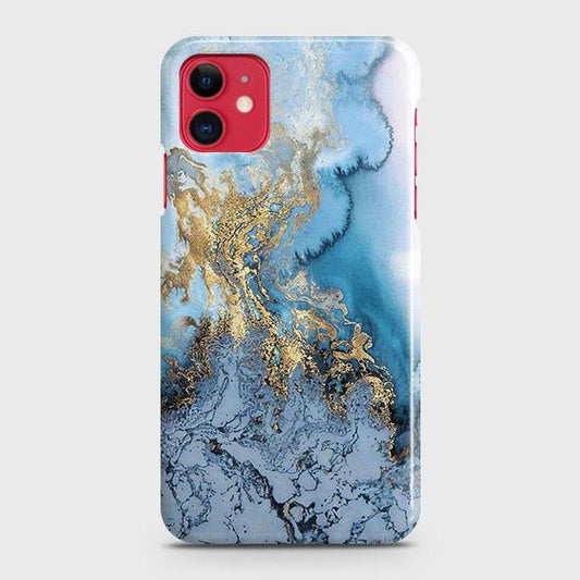 iPhone 11 Cover - Trendy Golden & Blue Ocean Marble Printed Hard Case with Life Time Colors Guarantee ( Fast Delivery )