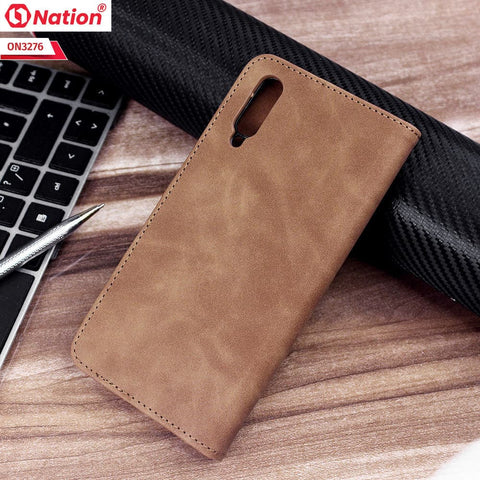 Samsung Galaxy A70 Cover - Light Brown - ONation Business Flip Series - Premium Magnetic Leather Wallet Flip book Card Slots Soft Case