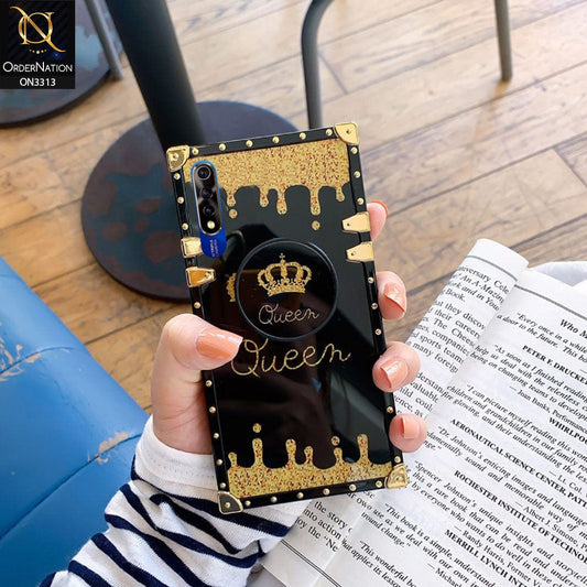 Vivo Y7s Cover - Black - Golden Electroplated Luxury Square Soft TPU Protective Case with Holder