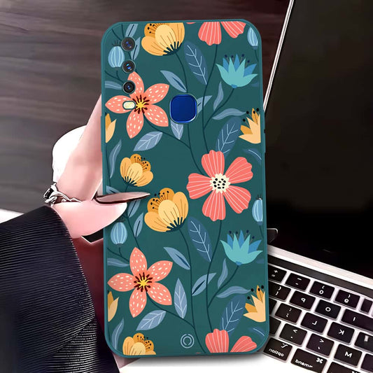 Vivo Y15 Cover - Dark Green - D2 - ONation Floral Series - HQ Liquid Silicone Soft Case