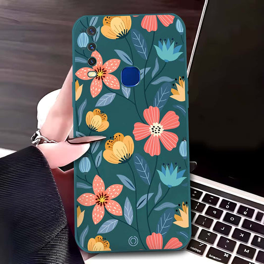 Vivo Y12 Cover - Dark Green - D2 - ONation Floral Series - HQ Liquid Silicone Soft Case