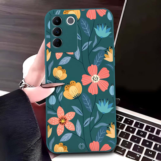 Vivo V27e Cover - Dark Green - D2 - ONation Floral Series - HQ Liquid Silicone Soft Case (Fast Delivery)