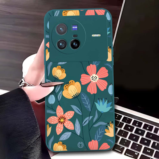 Vivo X80 Cover - Dark Green - D2 - ONation Floral Series - HQ Liquid Silicone Soft Case