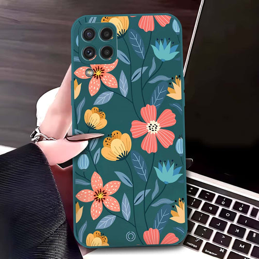 Samsung Galaxy M32 Cover - Dark Green - D2 - ONation Floral Series - HQ Liquid Silicone Soft Case