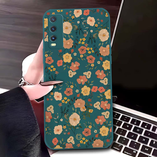 Vivo Y12s Cover - Dark Green - D3 - ONation Floral Series - HQ Liquid Silicone Soft Case