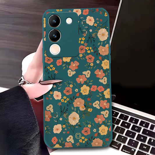 Vivo Y200 5G Cover - Dark Green - D3 - ONation Floral Series - HQ Liquid Silicone Soft Case (Fast Delivery)(M)