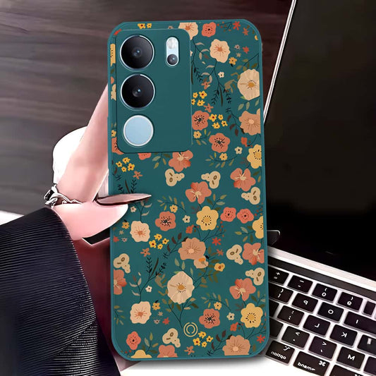 Vivo V29 Pro Cover - Dark Green - D3 - ONation Floral Series - HQ Liquid Silicone Soft Case