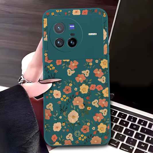 Vivo X80 Cover - Dark Green - D3 - ONation Floral Series - HQ Liquid Silicone Soft Case