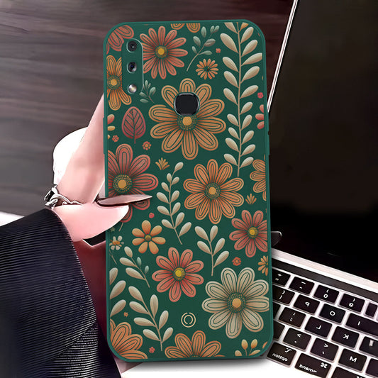 Samsung Galaxy A10s Cover - Dark Green - D4 - ONation Floral Series - HQ Liquid Silicone Soft Case