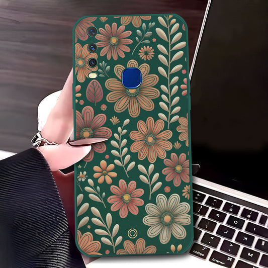 Vivo Y15 Cover - Dark Green - D4 - ONation Floral Series - HQ Liquid Silicone Soft Case
