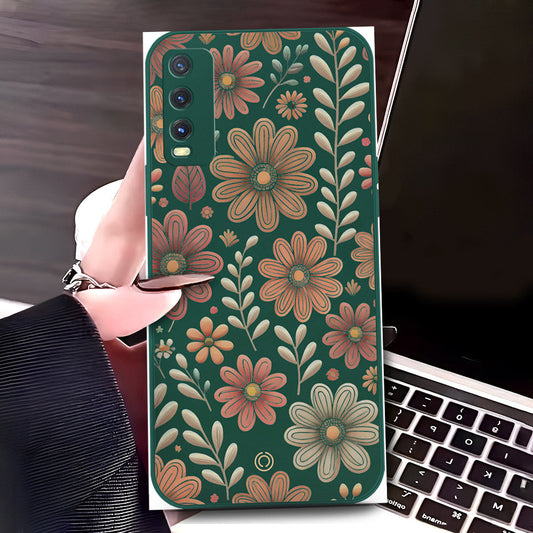 Vivo Y12s Cover - Dark Green - D4 - ONation Floral Series - HQ Liquid Silicone Soft Case