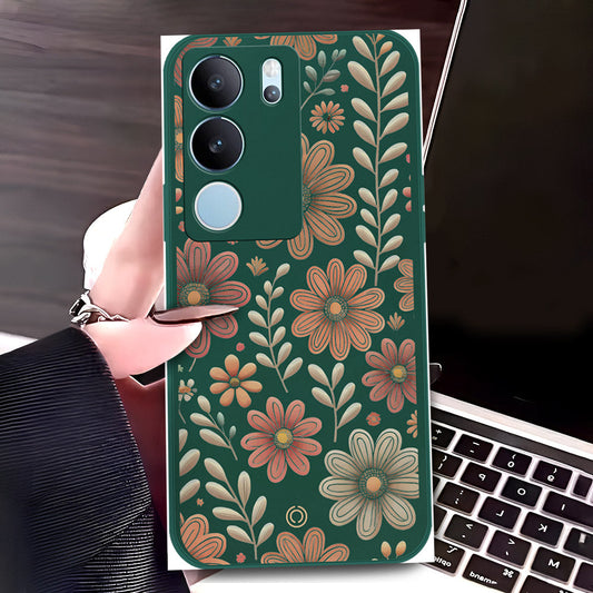 Vivo V29 Pro Cover - Dark Green - D4 - ONation Floral Series - HQ Liquid Silicone Soft Case