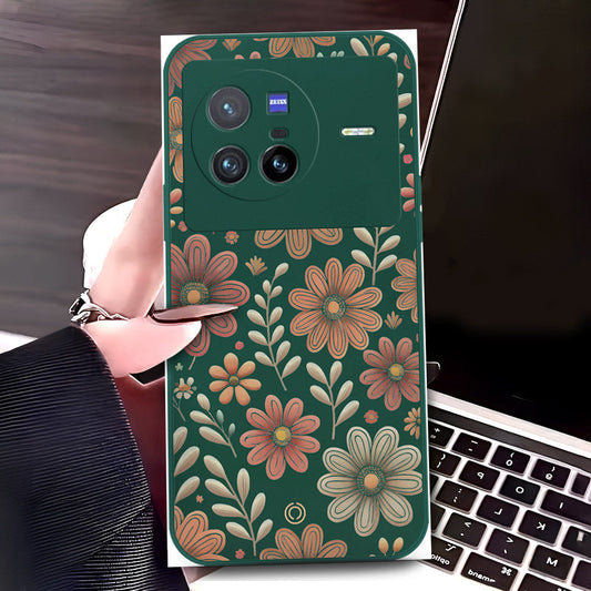 Vivo X80 Cover - Dark Green - D4 - ONation Floral Series - HQ Liquid Silicone Soft Case