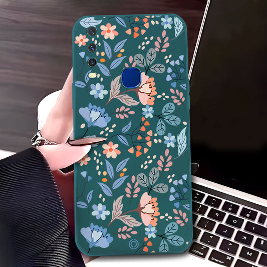 Vivo Y15 Cover - Dark Green - D1 - ONation Floral Series - HQ Liquid Silicone Soft Case