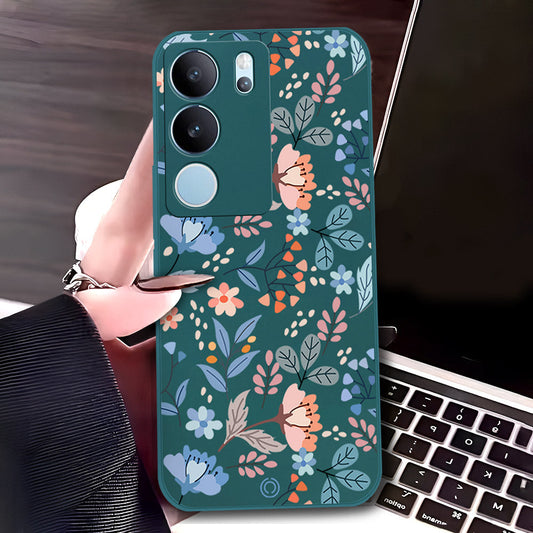 Vivo V29 Pro Cover - Dark Green - D1 - ONation Floral Series - HQ Liquid Silicone Soft Case
