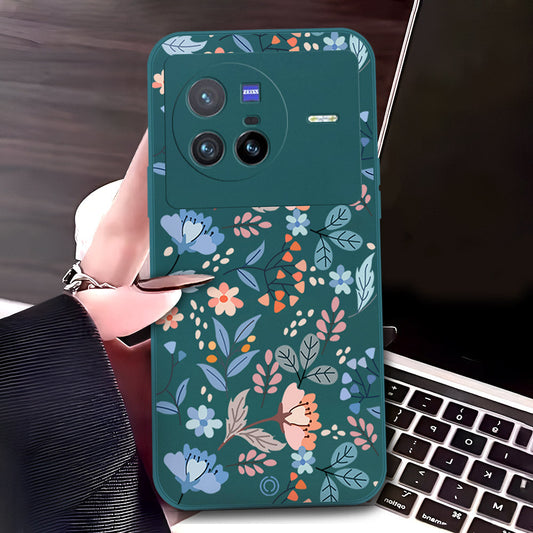 Vivo X80 Cover - Dark Green - D1 - ONation Floral Series - HQ Liquid Silicone Soft Case
