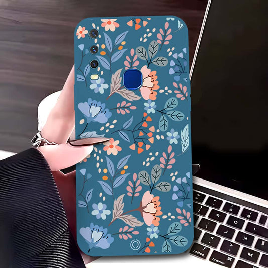Vivo Y15 Cover - Blue - D1 - ONation Floral Series - HQ Liquid Silicone Soft Case