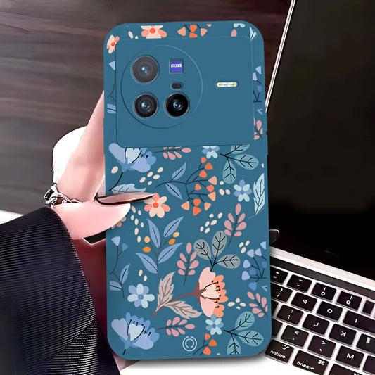 Vivo X80 Cover - Blue - D1 - ONation Floral Series - HQ Liquid Silicone Soft Case