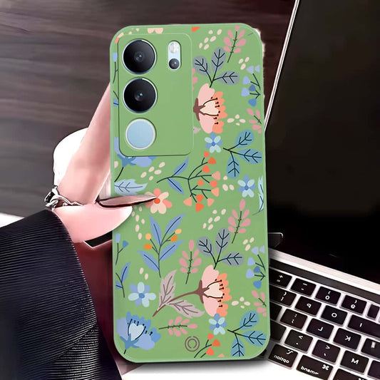Vivo V29 Cover - Light Green - D1 - ONation Floral Series - HQ Liquid Silicone Soft Case