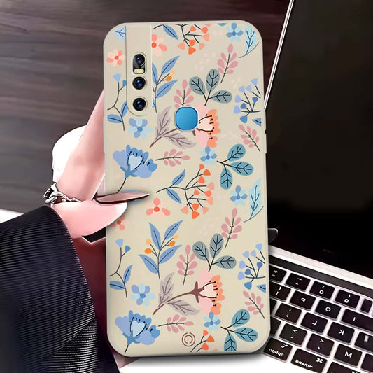 Vivo V15 Cover - Off White - D1 - ONation Floral Series - HQ Liquid Silicone Soft Case