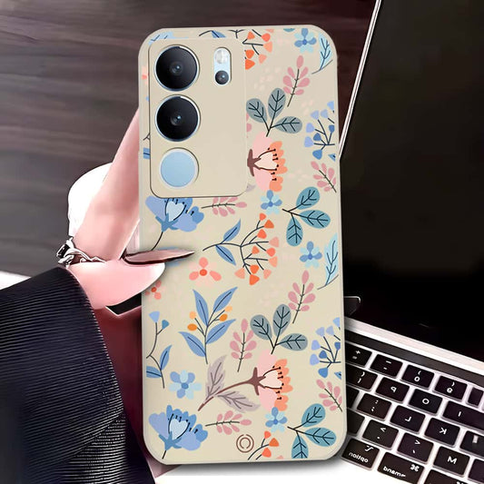 Vivo V29 Cover - Off White - D1 - ONation Floral Series - HQ Liquid Silicone Soft Case