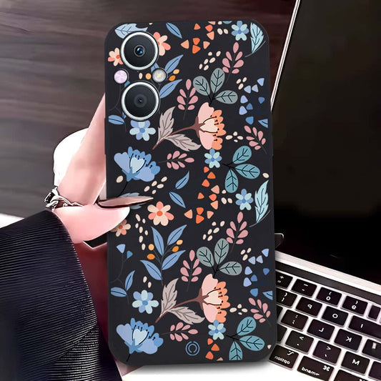 Oppo A96 5G Cover - Black - D1 - ONation Floral Series - HQ Liquid Silicone Soft Case