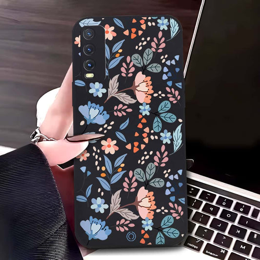 Vivo Y12s Cover - Black - D1 - ONation Floral Series - HQ Liquid Silicone Soft Case