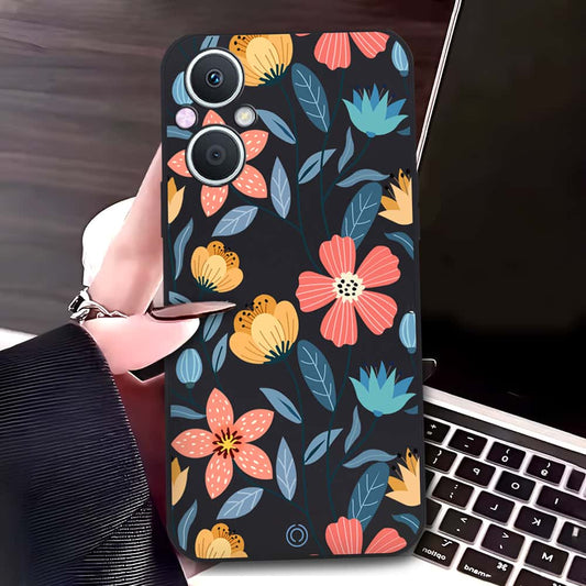 Oppo A96 5G Cover - Black - D2 - ONation Floral Series - HQ Liquid Silicone Soft Case