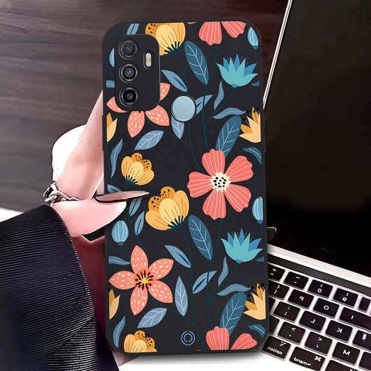 Oppo A53s Cover - Black - D2 - ONation Floral Series - HQ Liquid Silicone Soft Case