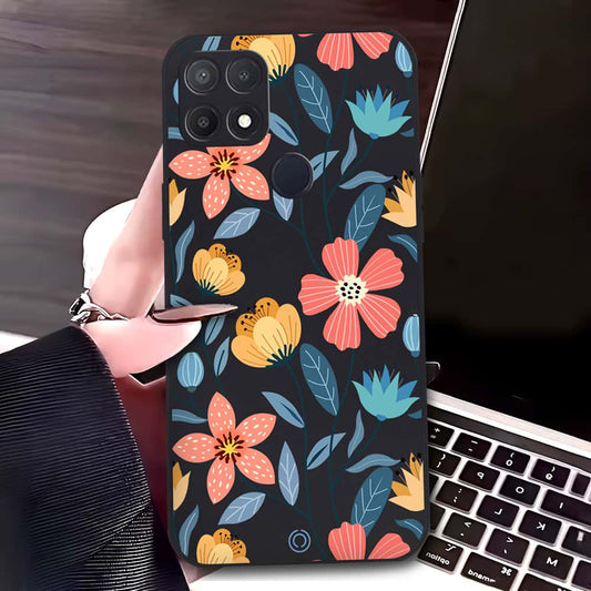 Oppo A15 Cover - Black - D2 - ONation Floral Series - HQ Liquid Silicone Soft Case