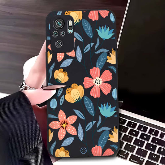 Xiaomi Redmi Note 10 4G Cover - Black - D2 - ONation Floral Series - HQ Liquid Silicone Soft Case