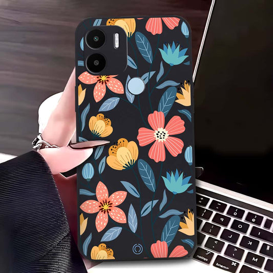 Xiaomi Redmi A1 Plus Cover - Black - D2 - ONation Floral Series - HQ Liquid Silicone Soft Case
