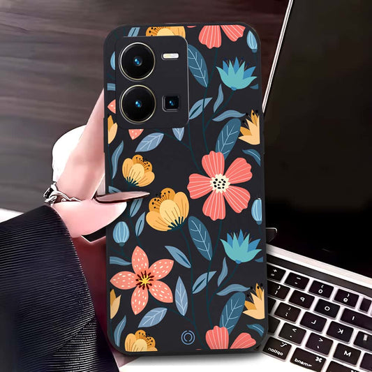 Vivo Y35 5G Cover - Black - D2 - ONation Floral Series - HQ Liquid Silicone Soft Case