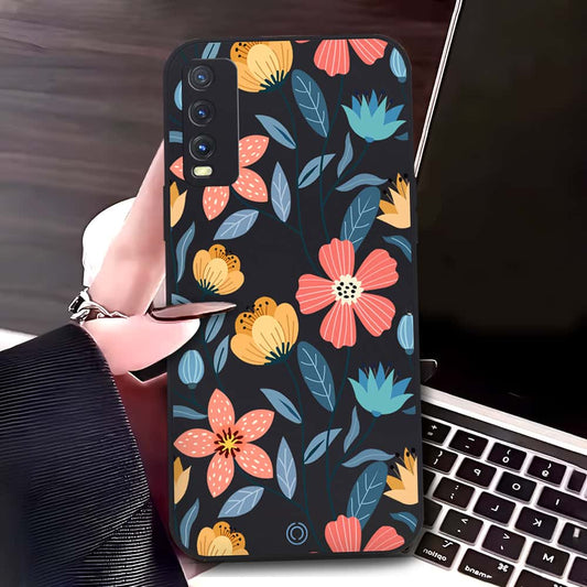Vivo Y20i Cover - Black - D2 - ONation Floral Series - HQ Liquid Silicone Soft Case