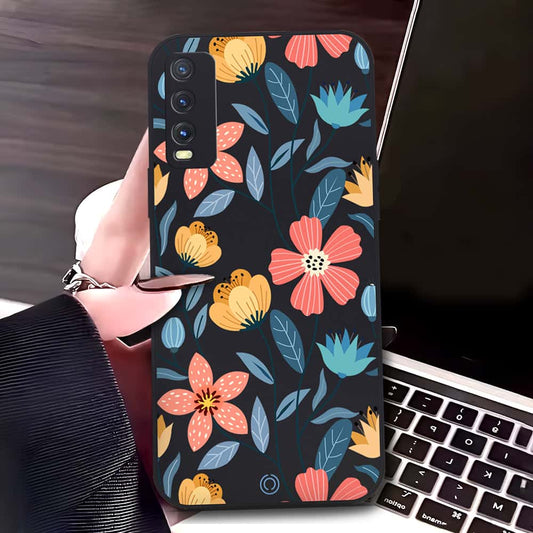 Vivo Y12s Cover - Black - D2 - ONation Floral Series - HQ Liquid Silicone Soft Case