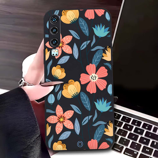 Huawei P30 Cover - Black - D2 - ONation Floral Series - HQ Liquid Silicone Soft Case