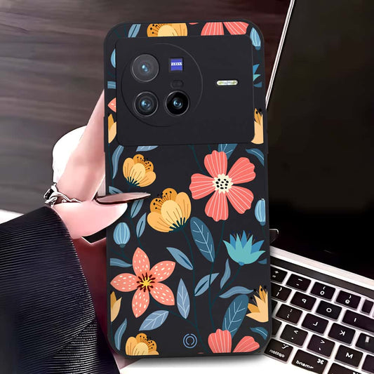 Vivo X80 Cover - Black - D2 - ONation Floral Series - HQ Liquid Silicone Soft Case